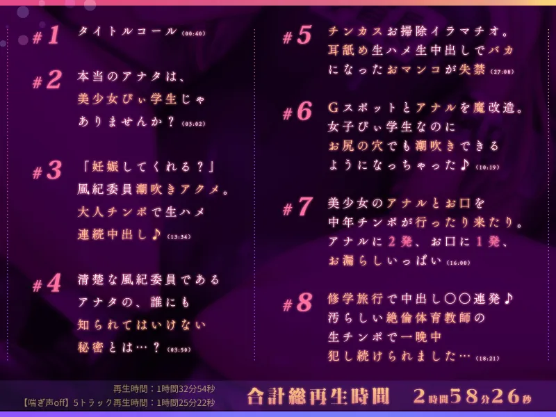 【全編キモオホ】あなたは清楚な風紀委員長ですが、毛嫌いしていた体育教師(声帯は山田じぇみ子)の底なし絶倫ちんぽで、腰が抜けるほどオホらされます【バイノーラル】