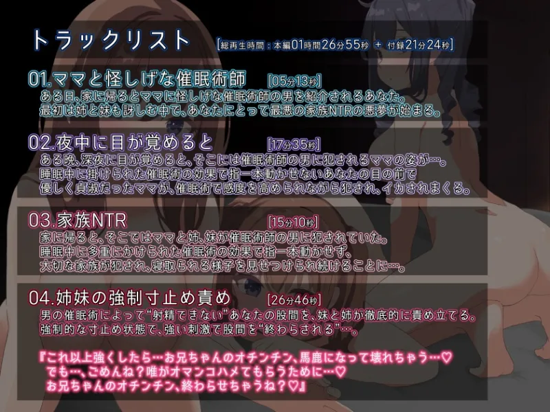 家族NTR(乗っ取られ)～催眠術で指一本動かせない僕の目の前で母・姉・妹が犯され続ける～