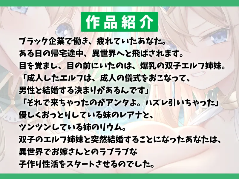 【7大特典付き】ドスケベな爆乳双子エルフ姉妹と甘々セックスライフ-異世界に飛ばされたのでエルフちゃんと子作りして暮らします!【バイノーラル】