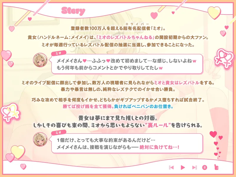 【KU100】ミオのレズバトルちゃんねる！ 登録者数100万人超！人気配信者と貴女が生配信で本気のイかせ合いレズえっち勝負！