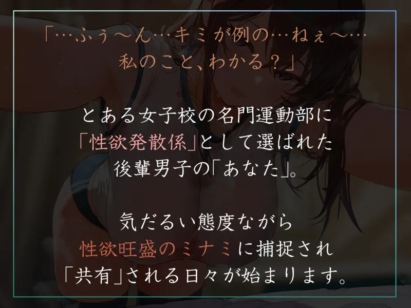 【女性優位徹底・全員高身長】運動部名門校の「性欲発散係」として優しい先輩に共有してもらう僕-ミナミ編-【汗蒸れ・暴発射精・足ピンあり】