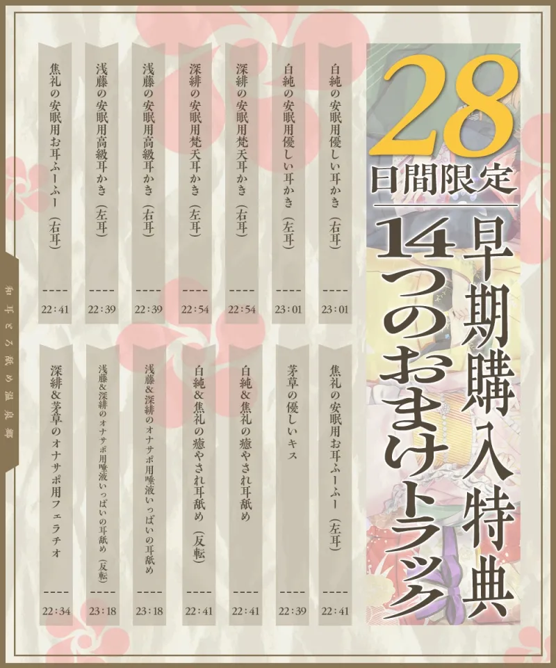 【2026年04月18日迄限定】和耳とろ舐め温泉郷〜至高のケモミミハーレムプレイで、脳イキ絶頂♪ パパ呼び&媚び媚びボイス満載の搾精旅館! 【2026年04月18日迄限定】和耳とろ舐め温泉郷〜至高のケモミミハーレムプレイで、脳イキ絶頂♪ パパ呼び&媚び媚びボイス満載の搾精旅館!